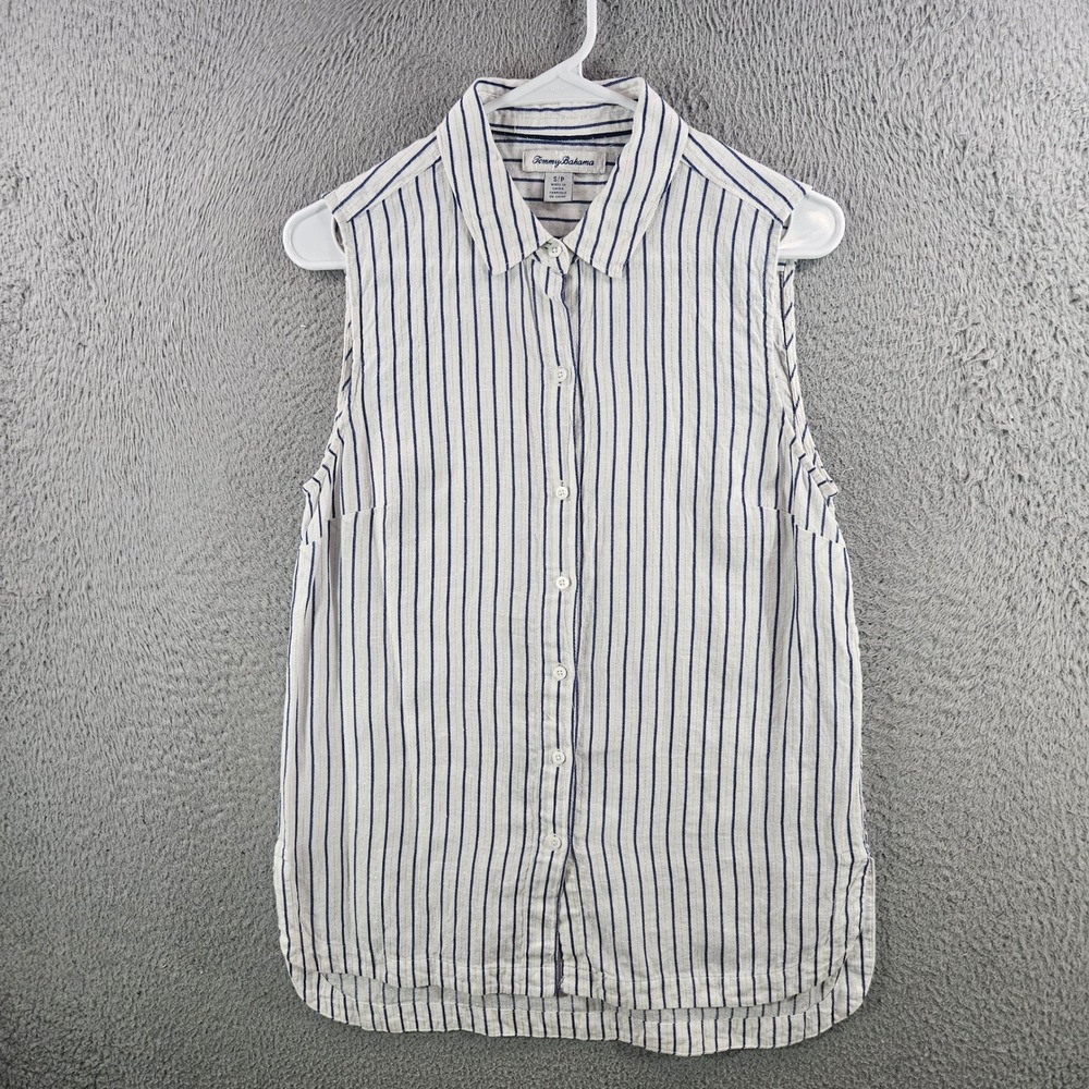 Tommy Bahama Womens Small Linen Blend Striped Sleeveless Button Up Shirt Blue